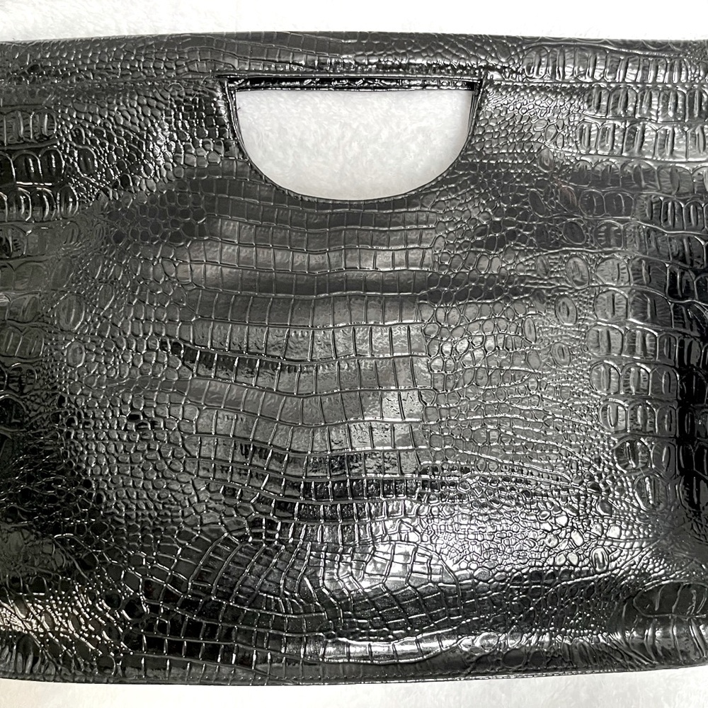 Women’s Black Patent Leather Crocodile Large Fold Over Clutch Purse